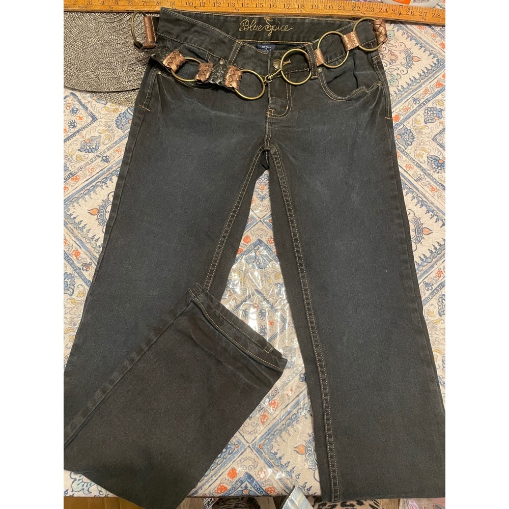 Blue Spice Womens Black Flare Jeans Size 7/8 Embellished Pockets Copper Belt 31"
